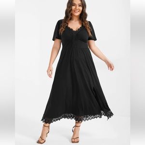 Solid Pocket Contrast Lace Split Maxi Dress